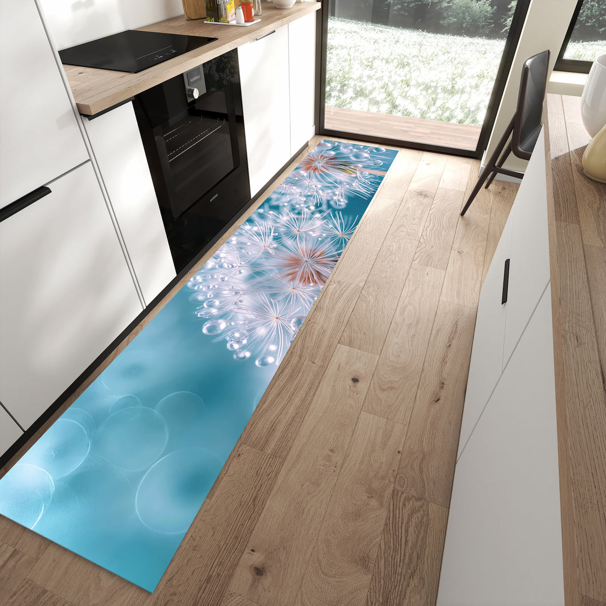 Fleckenresistenter Küchenteppich mit Motiv Wassertropfen Pusteblume in moderner Küche