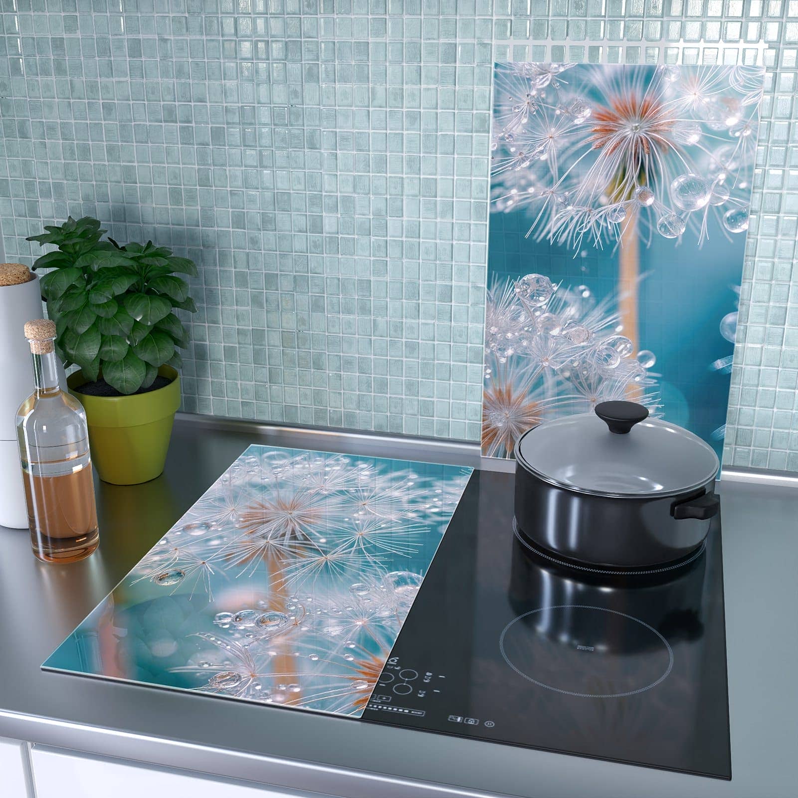 2-teilige Abdeckung für Herdplatten mit Wassertropfen Pusteblume-Motiv als Spritzschutz hinter dem Kochfeld