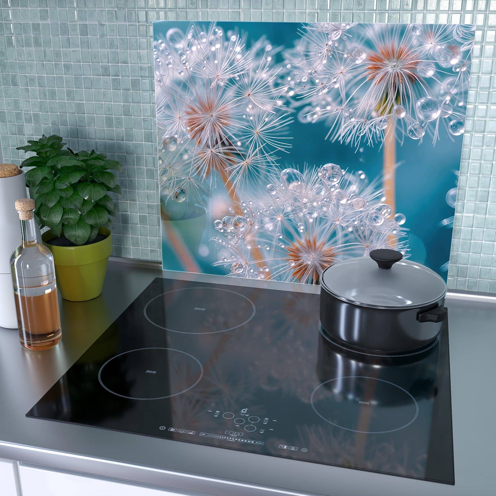 1-teilige Herdabdeckung mit Wassertropfen Pusteblume-Motiv als Spritzschutz hinter dem Kochfeld