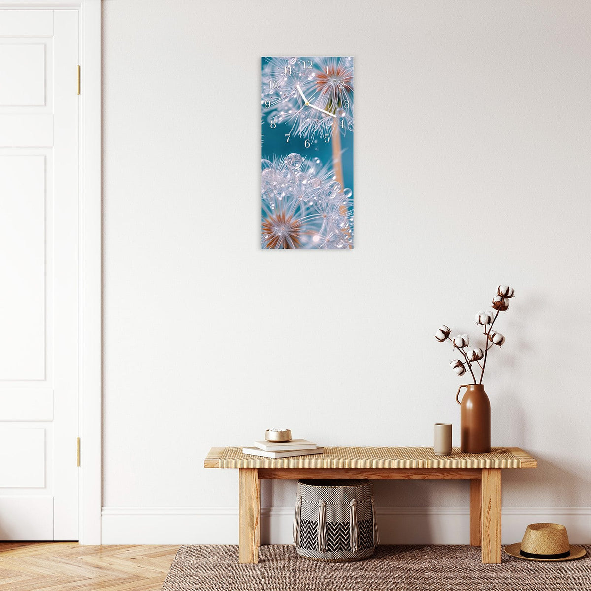 Moderne Wanduhr aus Glas mit Farbtiefe – Wanduhr Wassertropfen Pusteblume aus Glas – Hochformat 30 × 60 cm