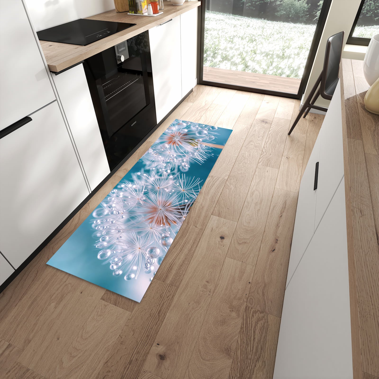UV-beständiger Teppich für Küche mit Motiv Wassertropfen Pusteblume in moderner Küche
