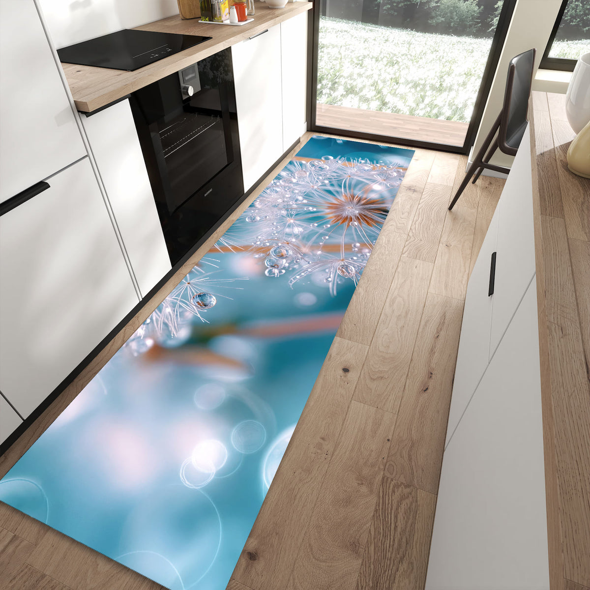Rutschfester Küchenteppich mit Motiv Wassertropfen Pusteblume in moderner Küche