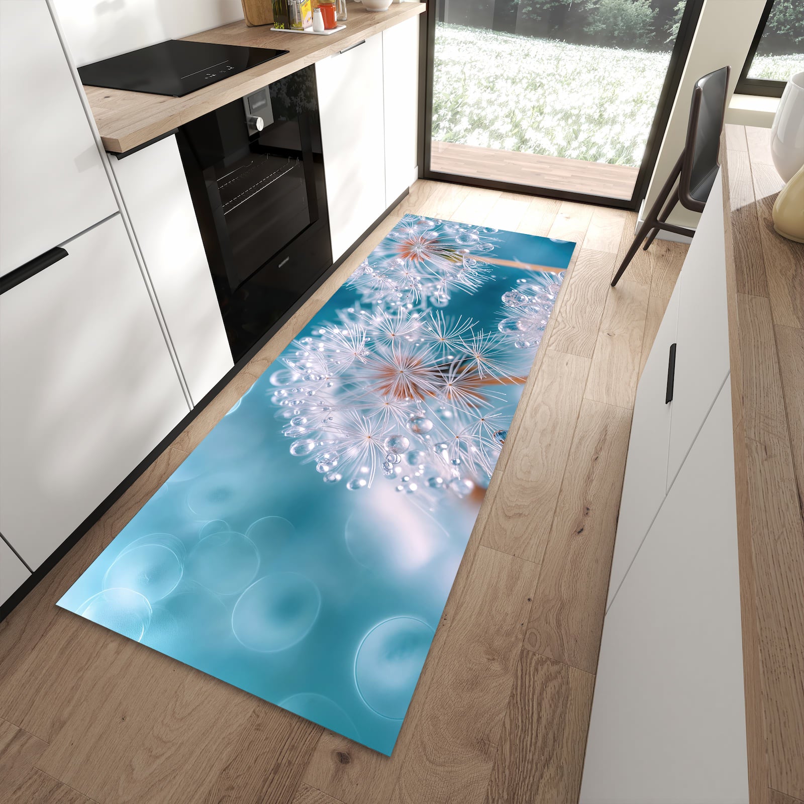Komfortabler Küchenteppich mit Motiv Wassertropfen Pusteblume in moderner Küche