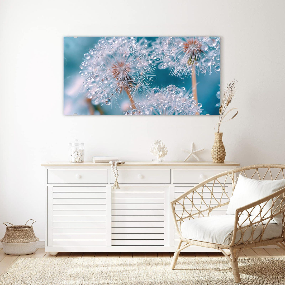 Echtglas, 4 mm – kein Acryl, keine Folie – Wandbild - Pusteblumen mit Tropfen - Querformat