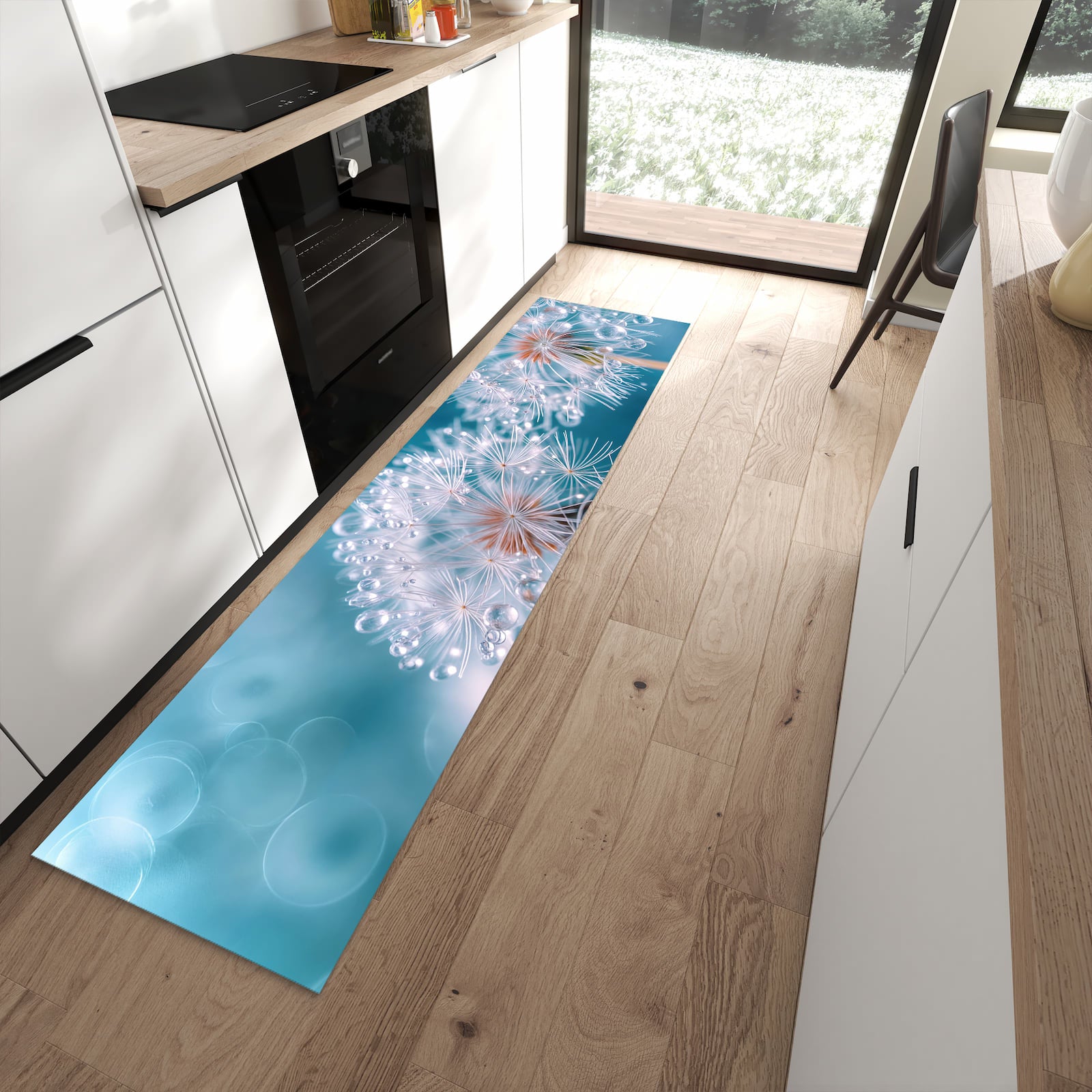 Komfortabler Küchenteppich mit Motiv Wassertropfen Pusteblume in moderner Küche