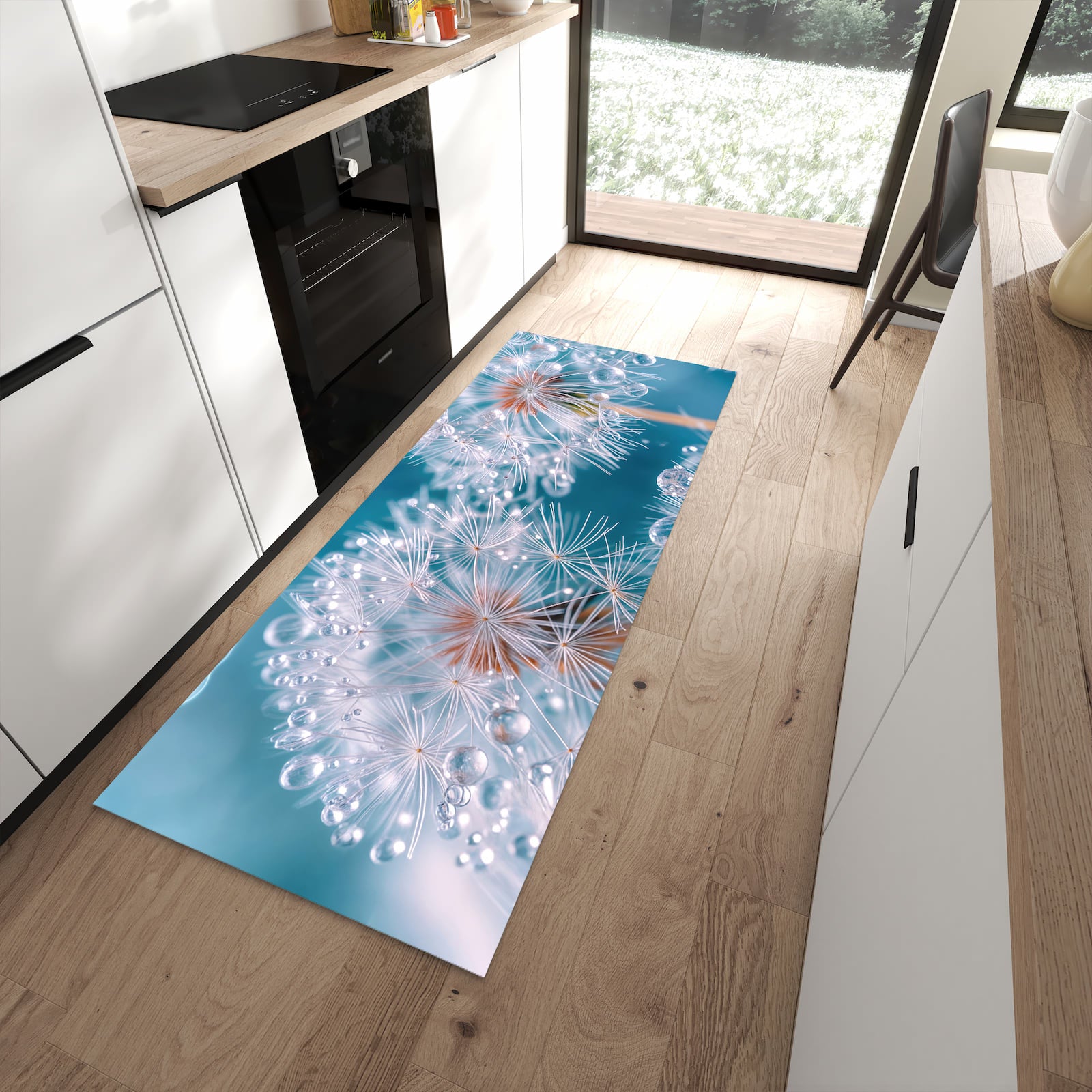 Geruchsneutraler Teppich in Küche mit Motiv Wassertropfen Pusteblume in moderner Küche
