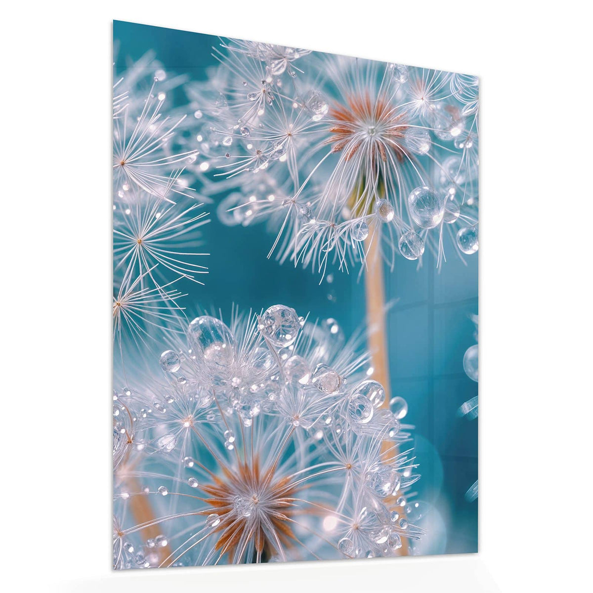 Echtglas, 4 mm – kein Acryl, keine Folie – Wandbild - Pusteblumen mit Tropfen - Hochformat