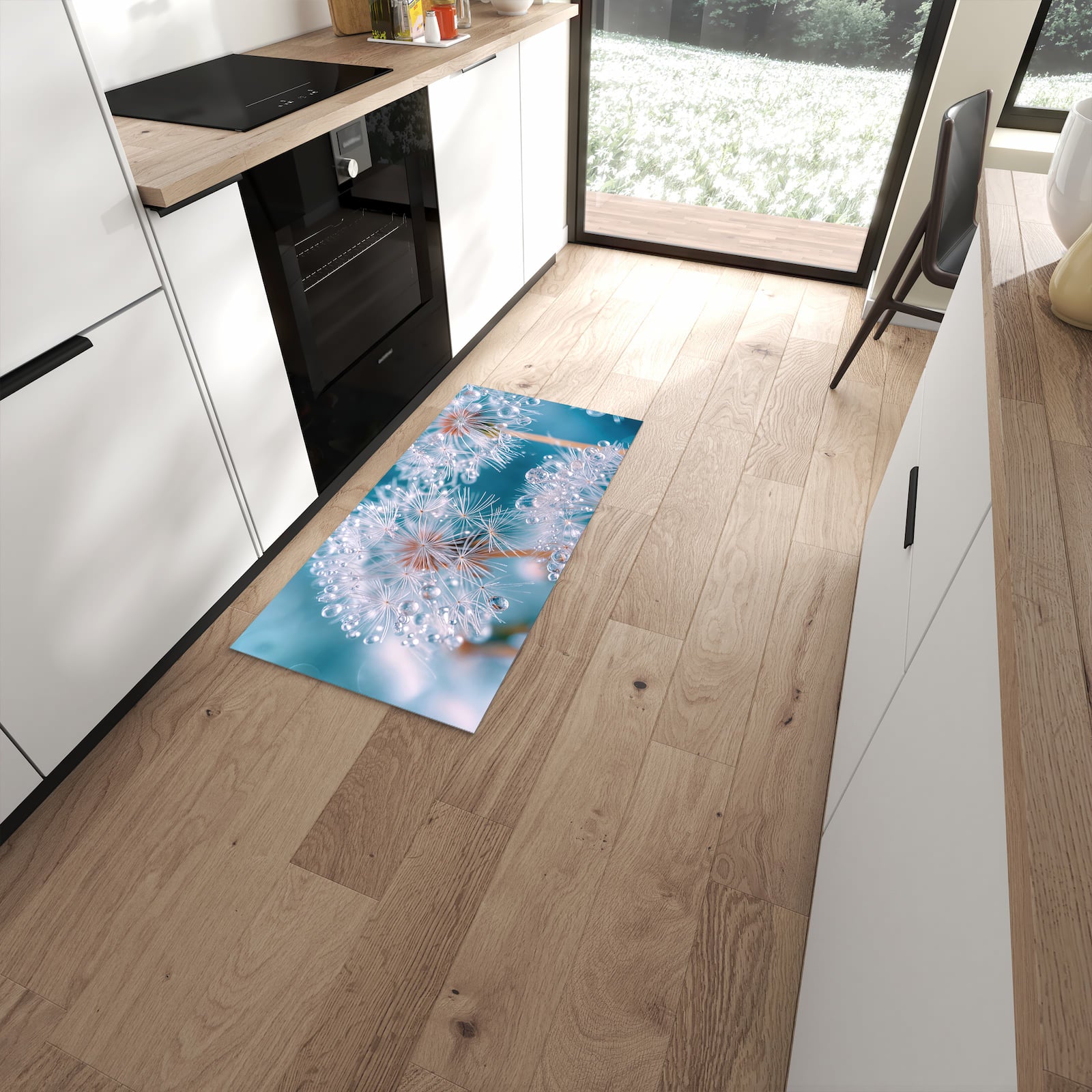 Geräuschdämpfender Küchenteppich mit Motiv Wassertropfen Pusteblume in moderner Küche #grösse_60 x 120 cm