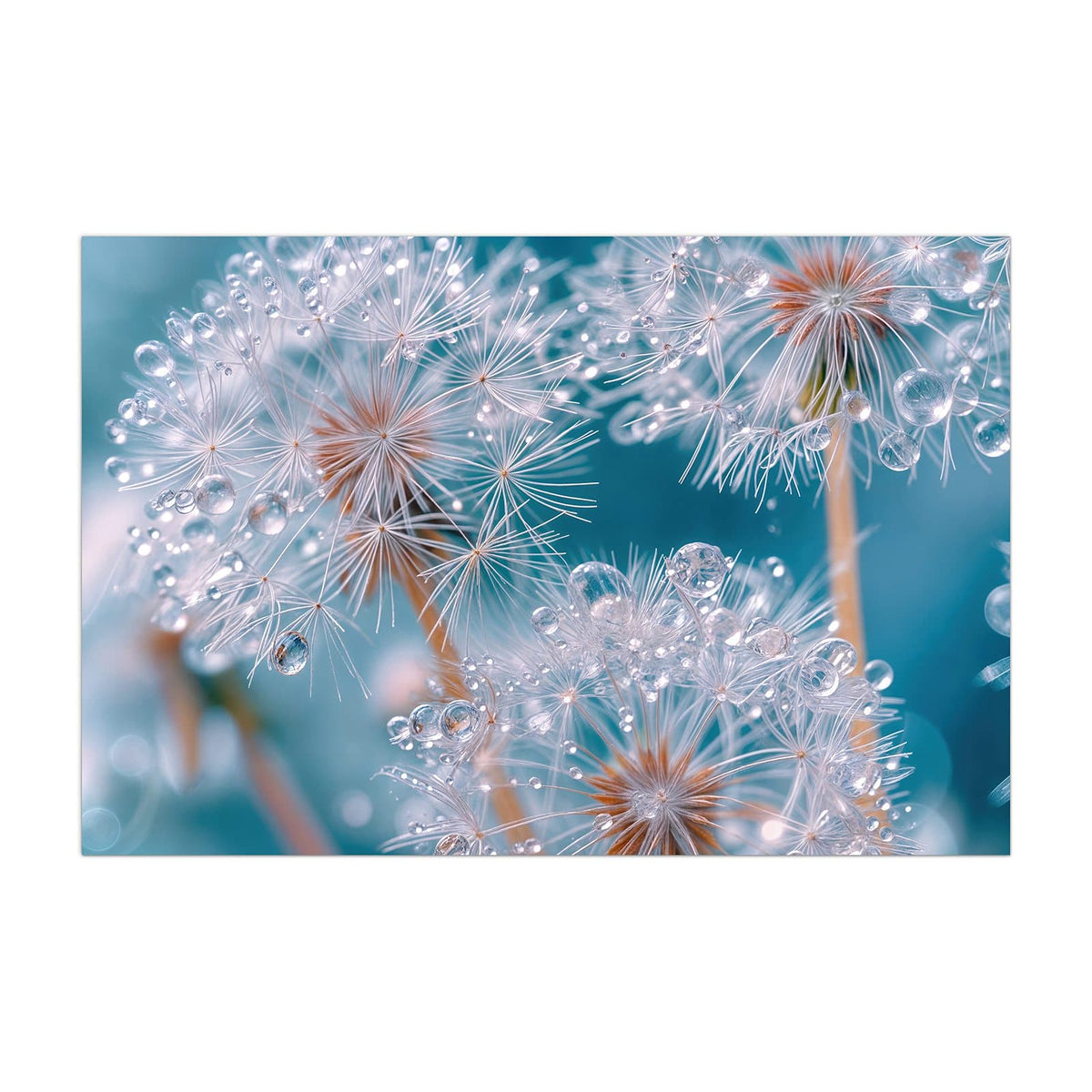 Küchenrückwand aus Glas Pusteblumen mit Tropfen im Hochformat, Motiv bildfüllend von vorn