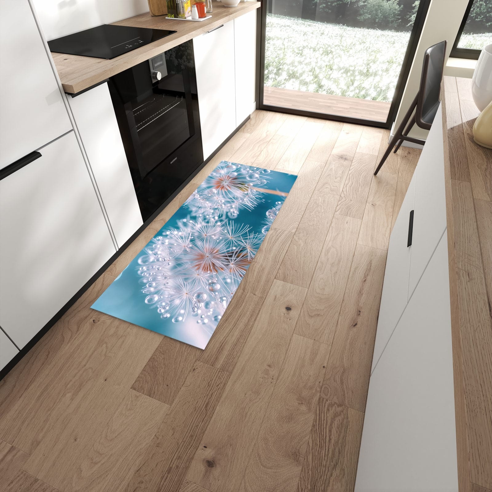 Abriebfester Küchenteppich mit Motiv Wassertropfen Pusteblume in moderner Küche #grösse_60 x 150 cm