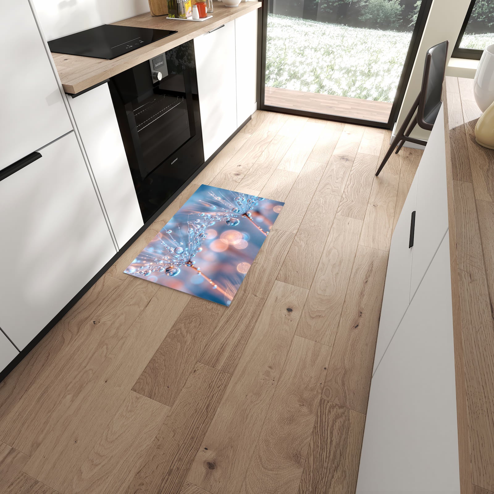 Bodenschonender rutschfester Küchenläufer mit Motiv Wassertropfen Kunst in moderner Küche