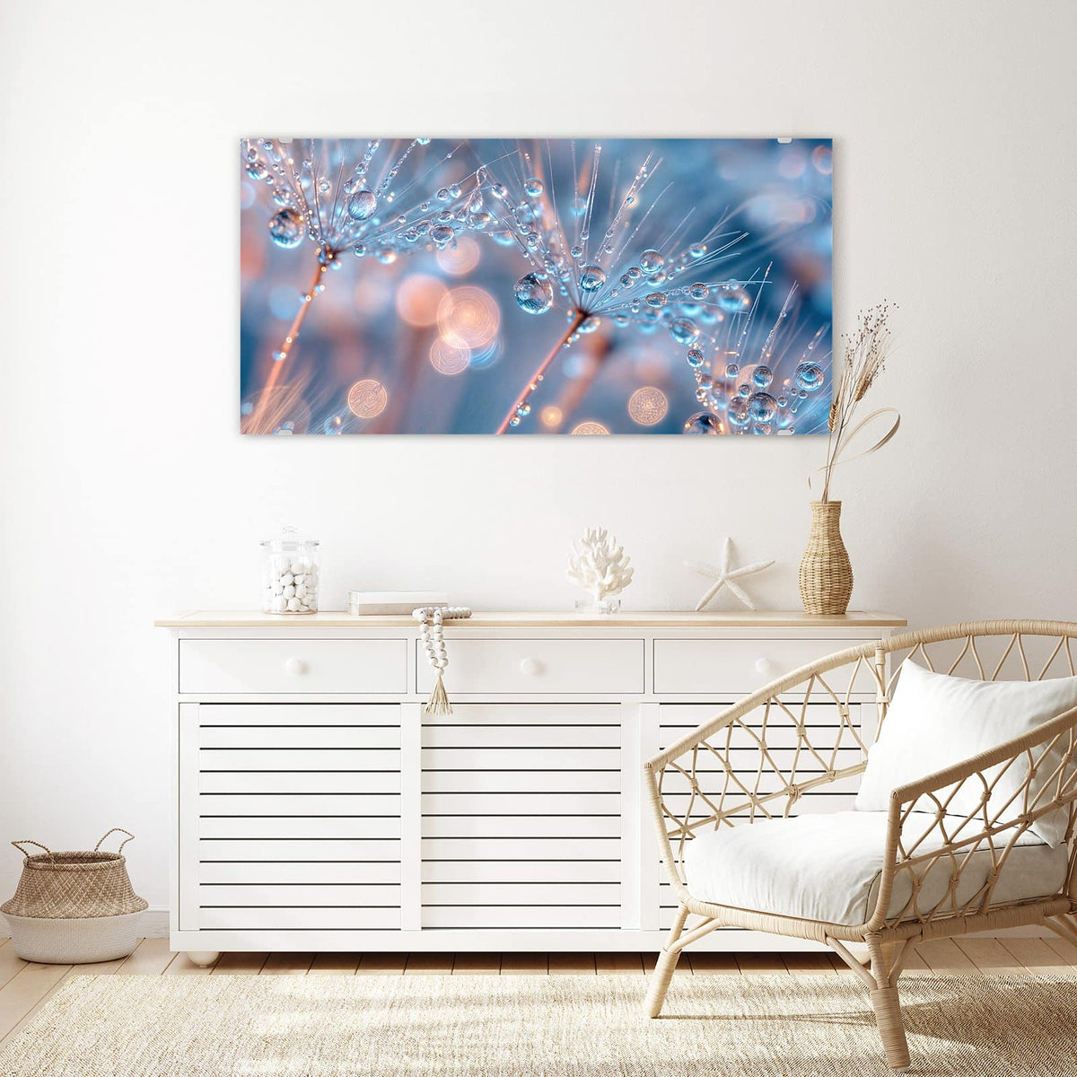 Echtglas, 4 mm – kein Acryl, keine Folie – Wandbild - Tautropfen in Blau - Querformat