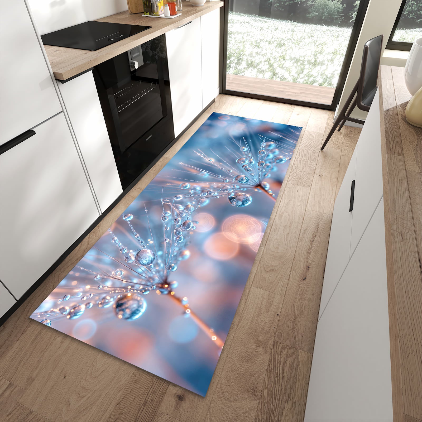 Zeitsparender abwaschbarer Küchenteppich mit Motiv Wassertropfen Kunst in moderner Küche