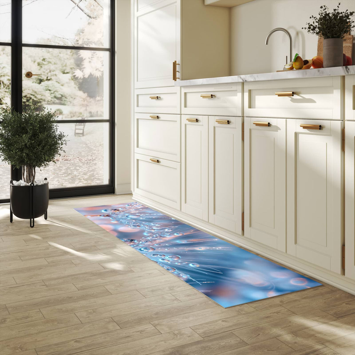 Waschbarer Küchenteppich mit Motiv Wassertropfen Kunst für Trittkomfort in heller Küche