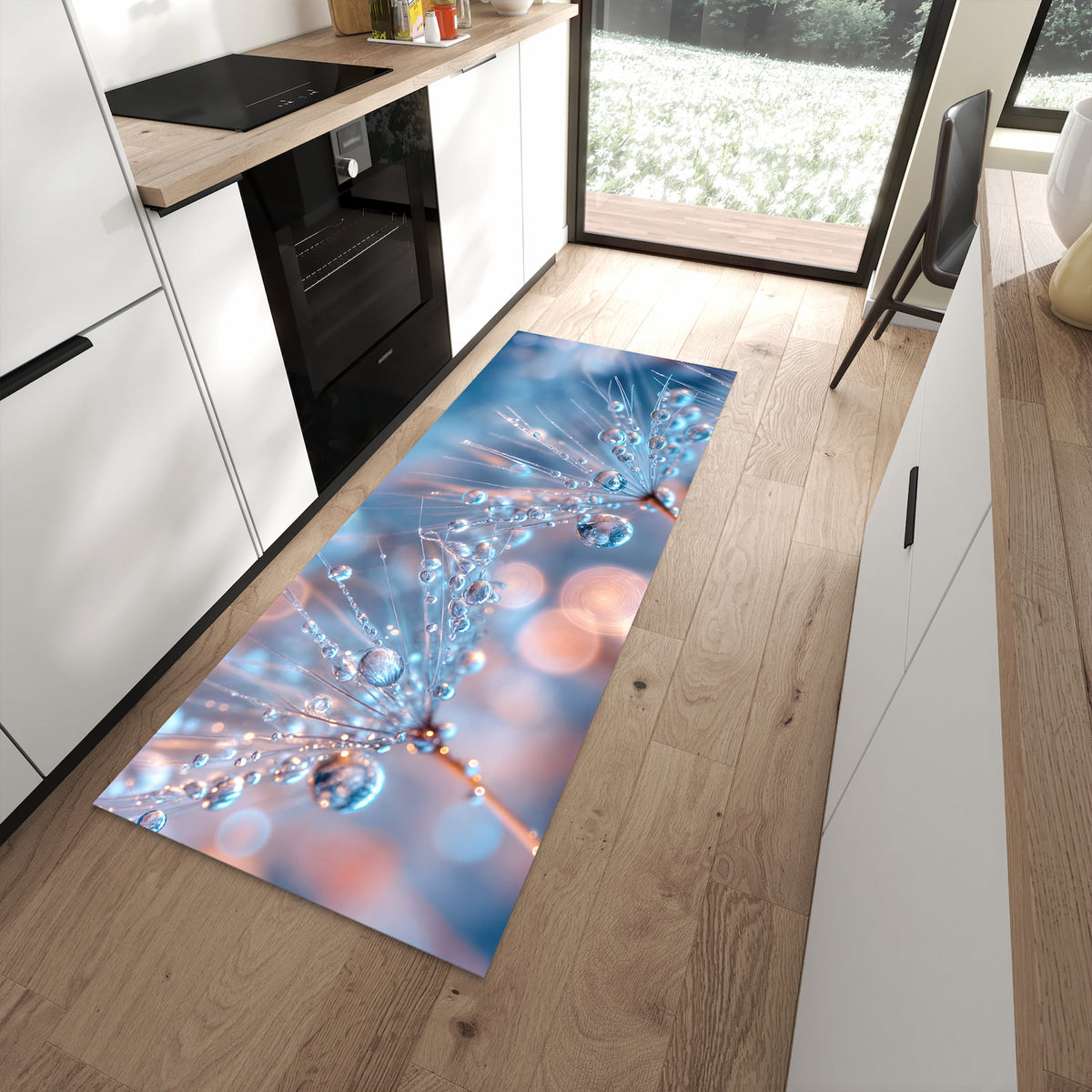Ordnungsschaffender Küchenläufer mit Motiv Wassertropfen Kunst in moderner Küche