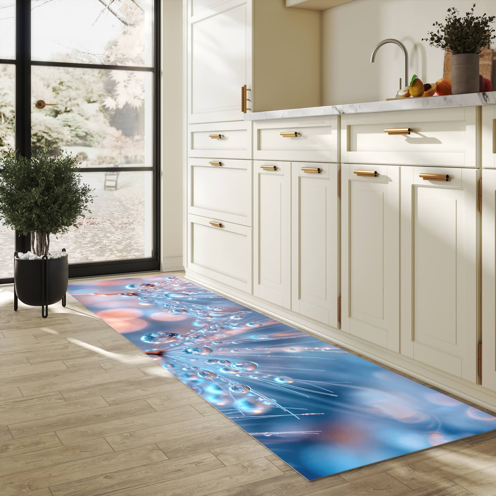 Pflegeleichter waschbarer Küchenläufer mit Motiv Wassertropfen Kunst in heller Küche