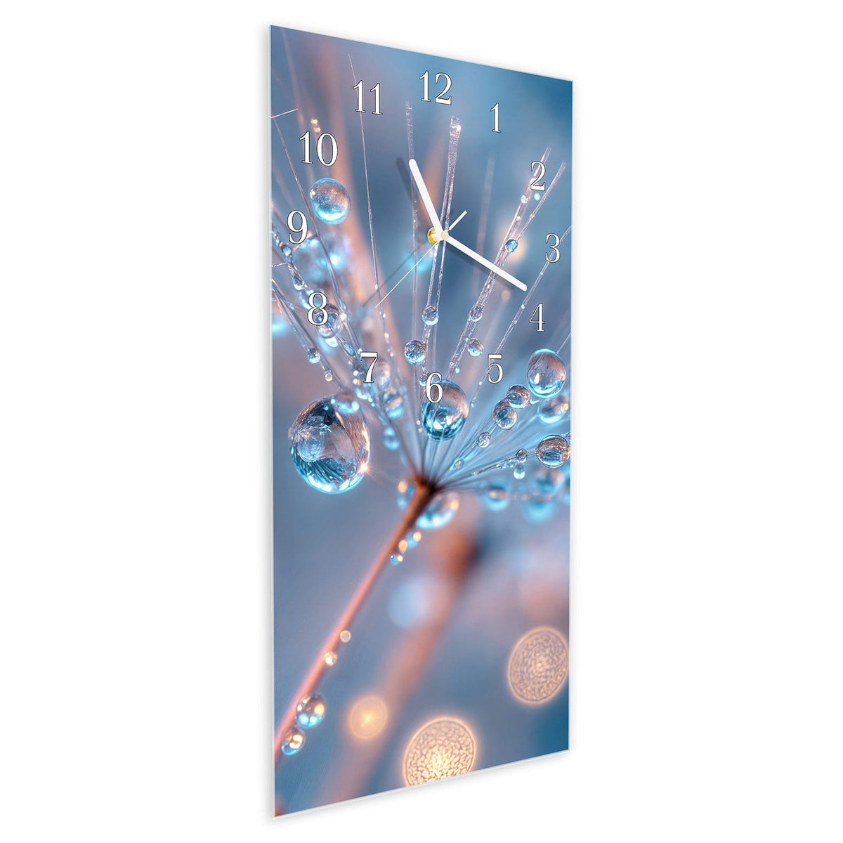 Vormontiert – mit Schwebeeffekt – Wanduhr Wassertropfen Kunst aus Glas – Hochformat 30 × 60 cm