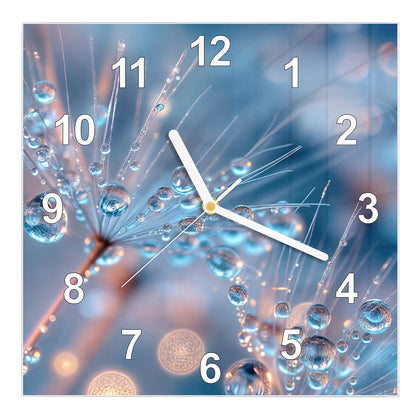 Wanduhr Quadratisch mit dem Motiv Tautropfen in Blau