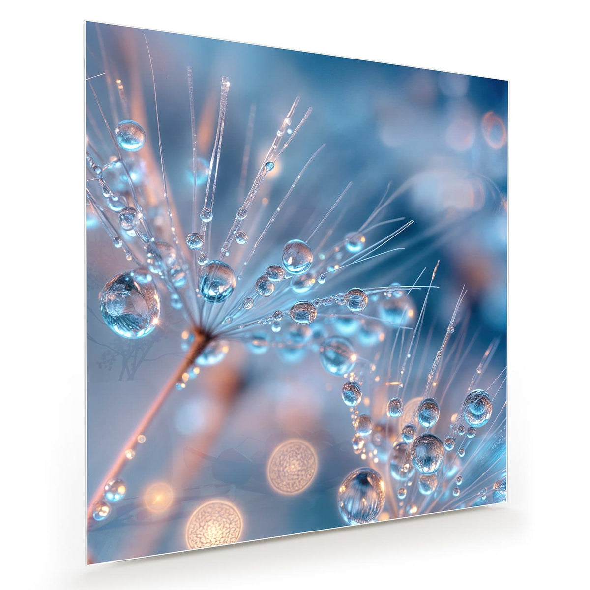 Blau getöntes Makro: Samenschirme voller glasklarer Tropfen vor blauem Bokeh.