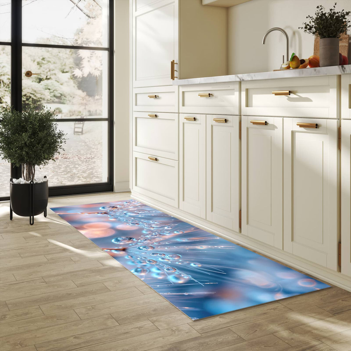 Langlebiger rutschfester Küchenläufer mit Motiv Wassertropfen Kunst in heller Küche