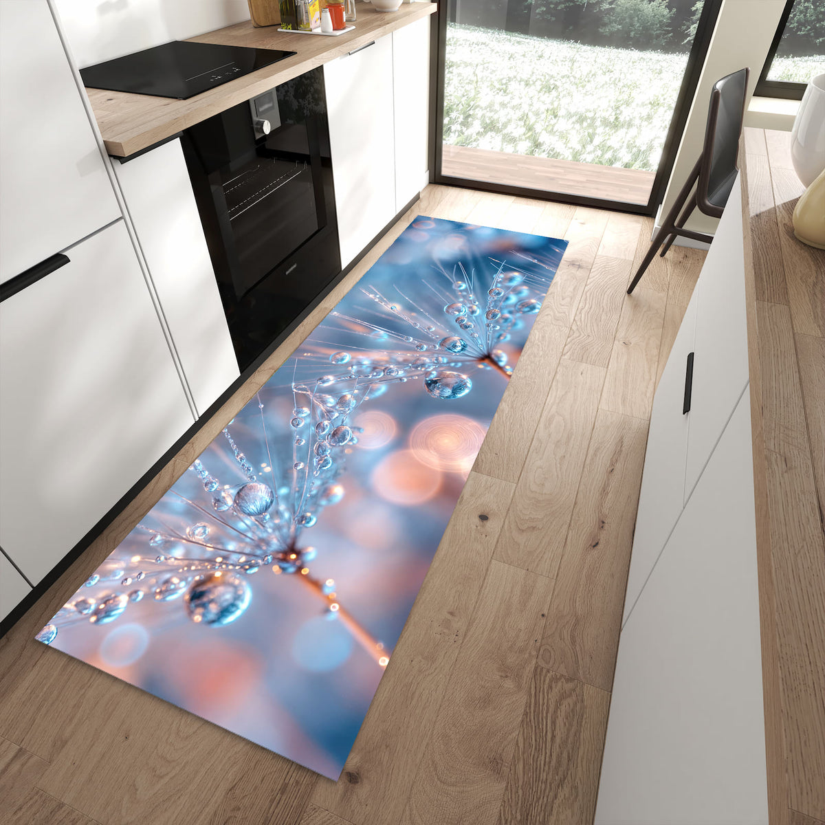 Bodenschonender Küchenläufer nach Maß mit Motiv Wassertropfen Kunst in moderner Küche