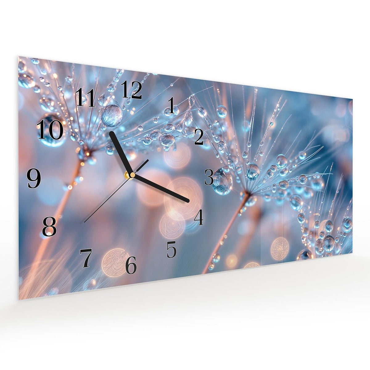 Vormontiert – mit Schwebeeffekt – Wanduhr Wassertropfen Kunst aus Glas – Querformat 60 × 30 cm