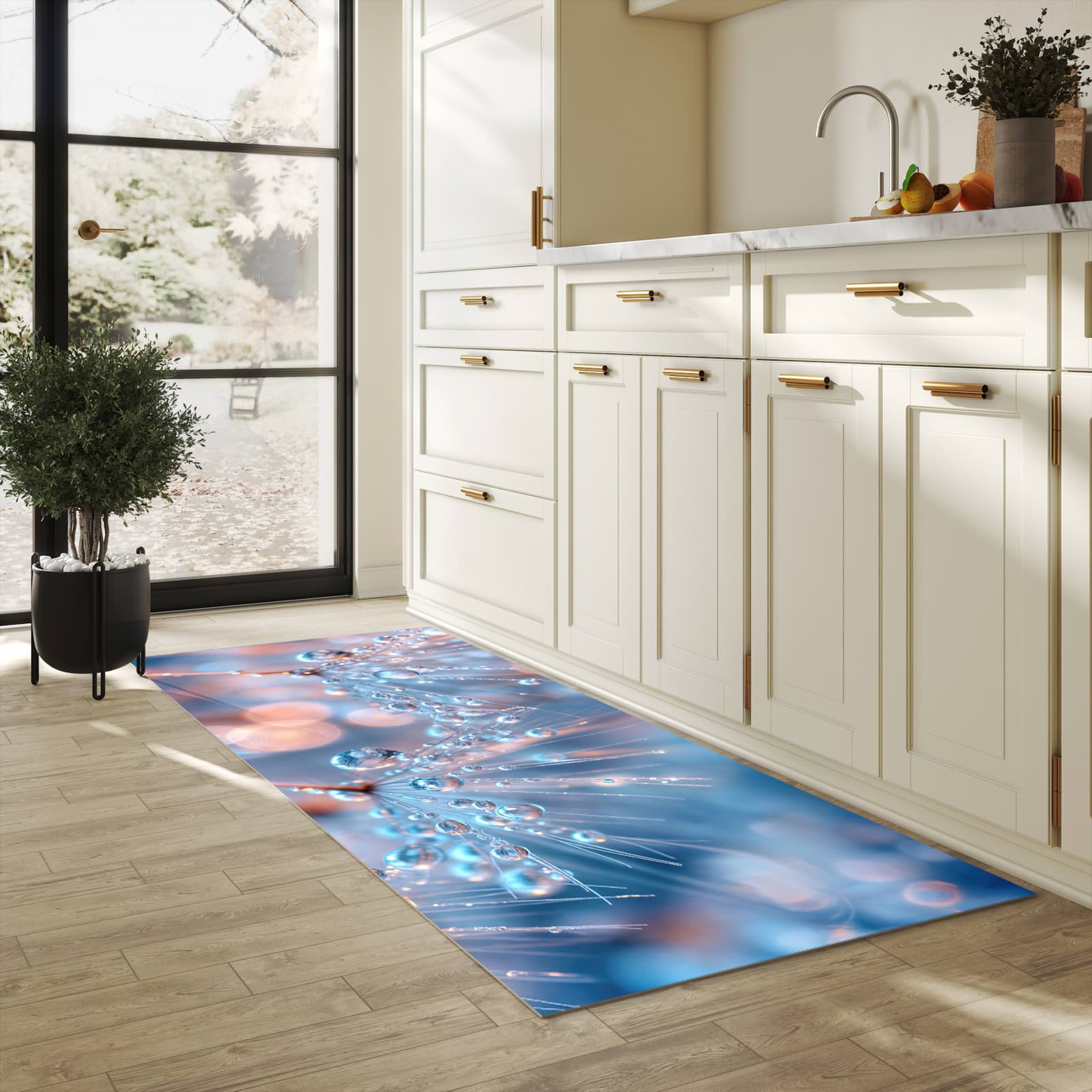 Rutschfester Küchenläufer mit Motiv Wassertropfen Kunst in heller Küche