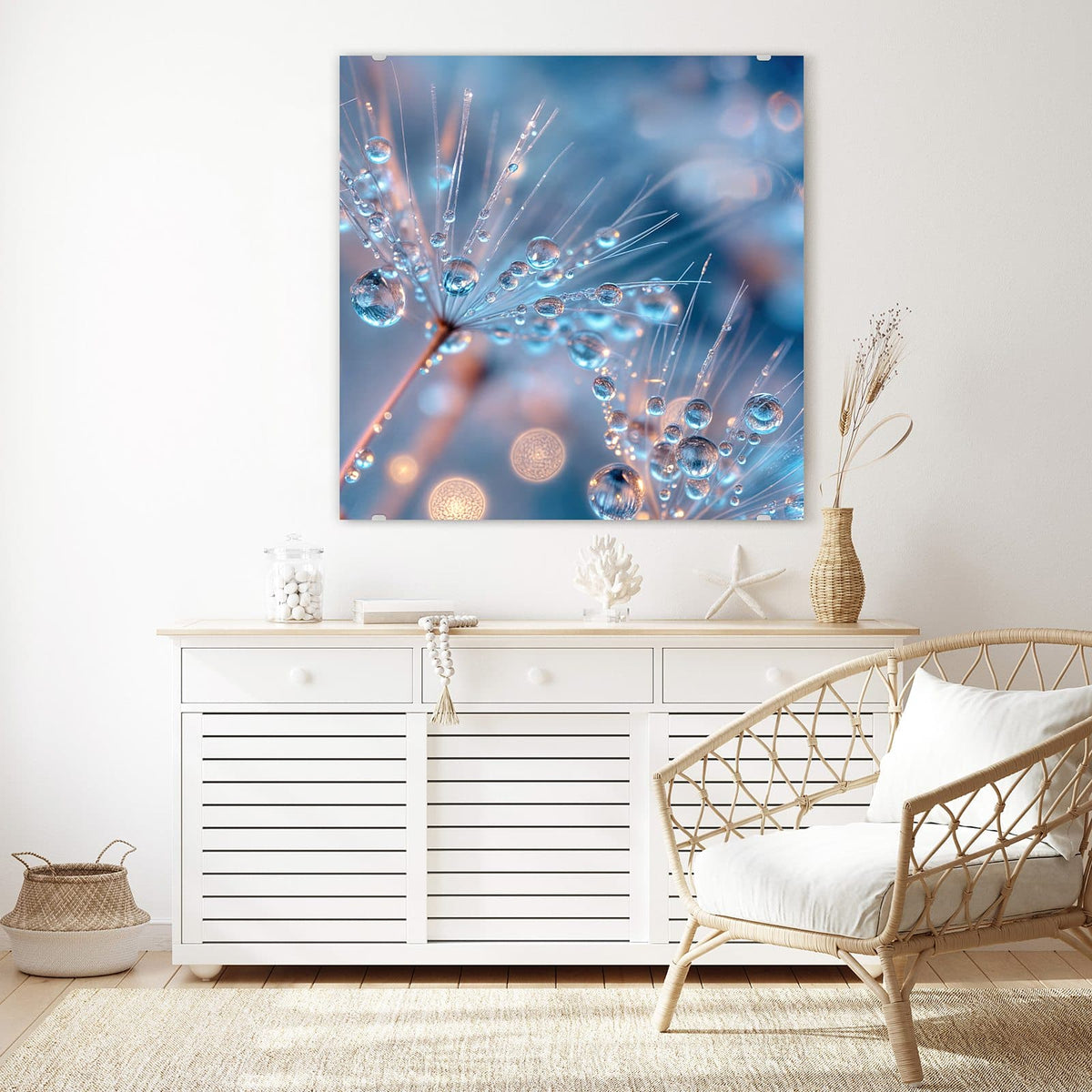 Echtglas, 4 mm – kein Acryl, keine Folie – Wandbild - Tautropfen in Blau - Quadratisch