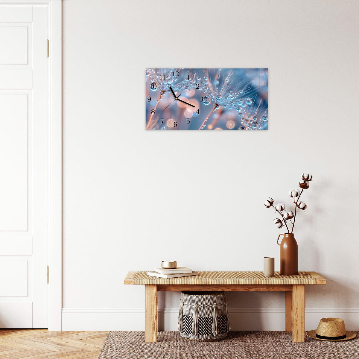 Moderne Wanduhr aus Glas mit Farbtiefe – Wanduhr Wassertropfen Kunst aus Glas – Querformat 60 × 30 cm