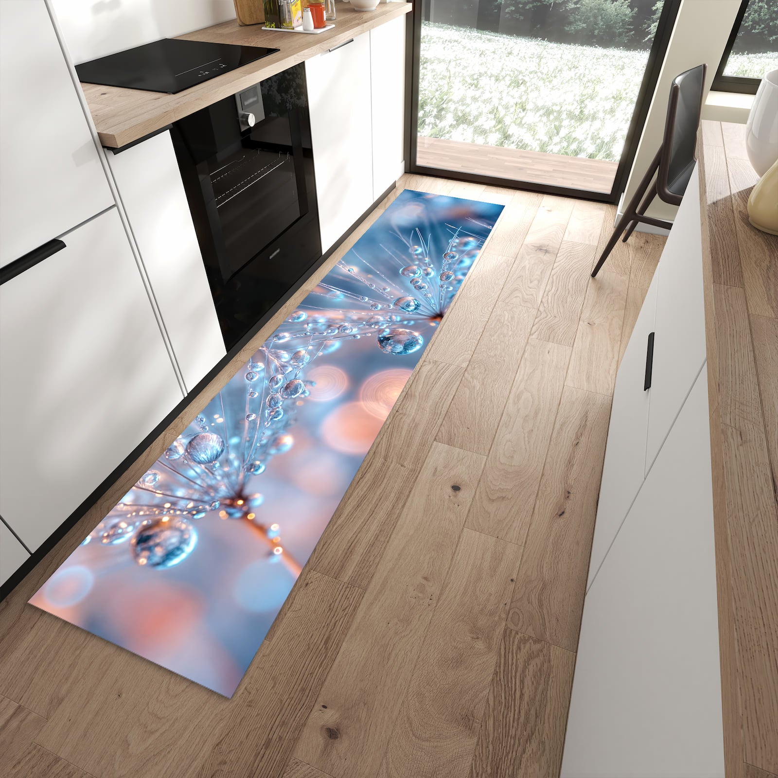 Rutschfester Küchenläufer mit Motiv Wassertropfen Kunst in moderner Küche