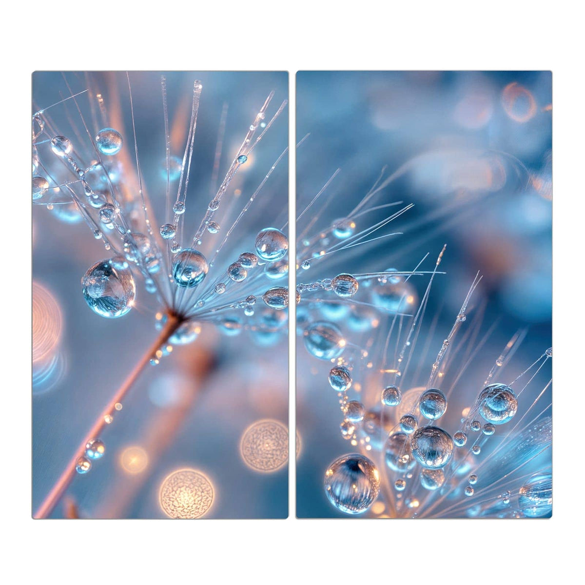 Blau getöntes Makro: Samenschirme voller glasklarer Tropfen vor blauem Bokeh.