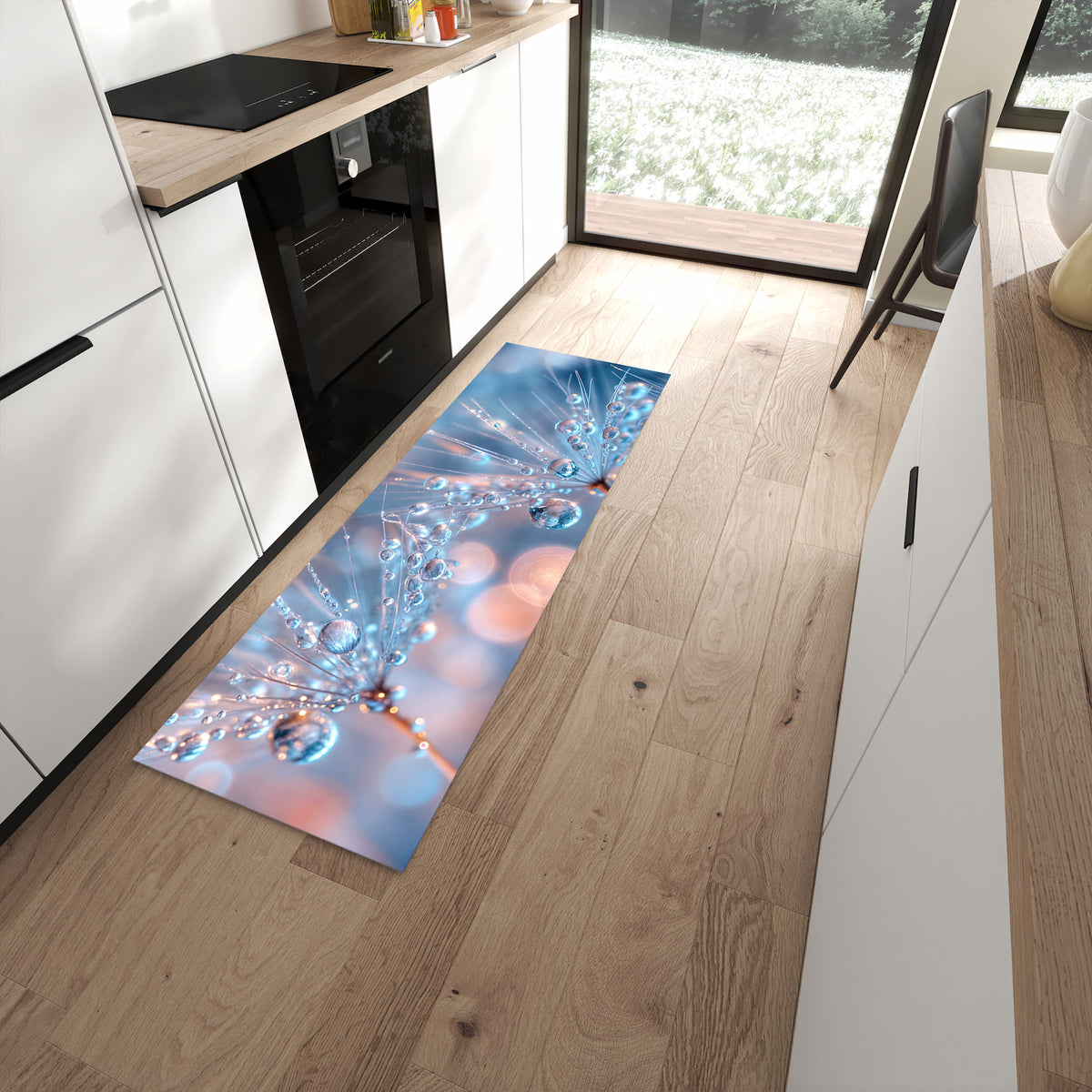 Waschbarer Küchenläufer mit Motiv Wassertropfen Kunst in moderner Küche