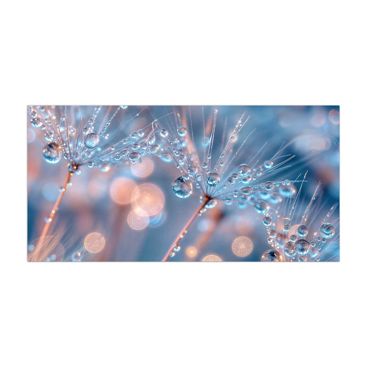 Küchenrückwand aus Glas Tautropfen in Blau im Hochformat, Motiv bildfüllend von vorn