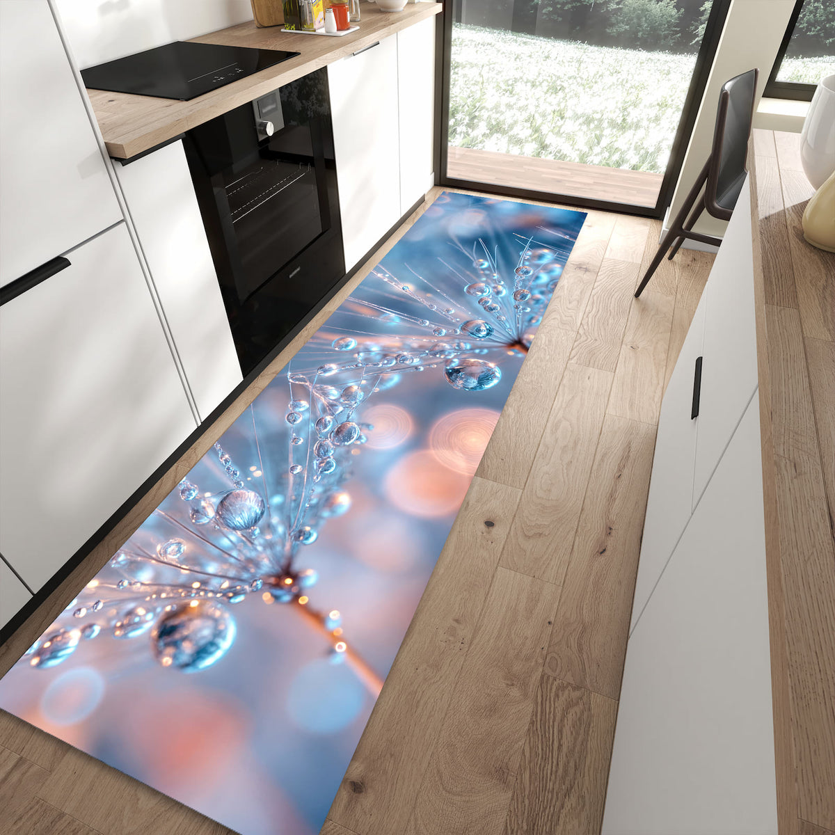 Formstabiler Küchenläufer mit Motiv Wassertropfen Kunst in moderner Küche