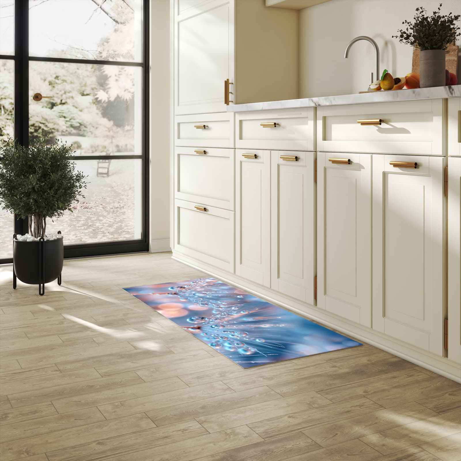 Abriebfester großer Küchenteppich mit Motiv Wassertropfen Kunst in heller Küche