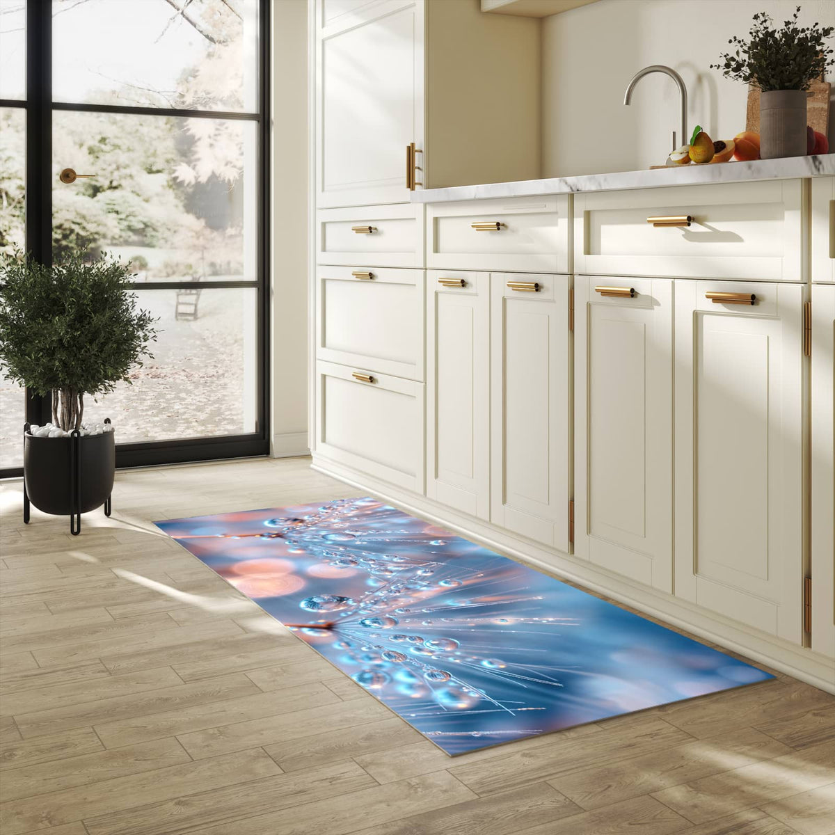 Geruchsneutraler rutschfester Küchenläufer mit Motiv Wassertropfen Kunst in heller Küche