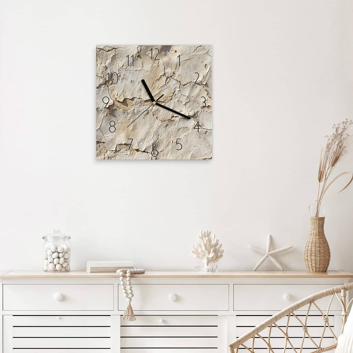Wanduhr Beiger Putz mit Rissen aus Glas – Quadratisch 30 × 30 cm – Hellbeiger Putz mit Rissen