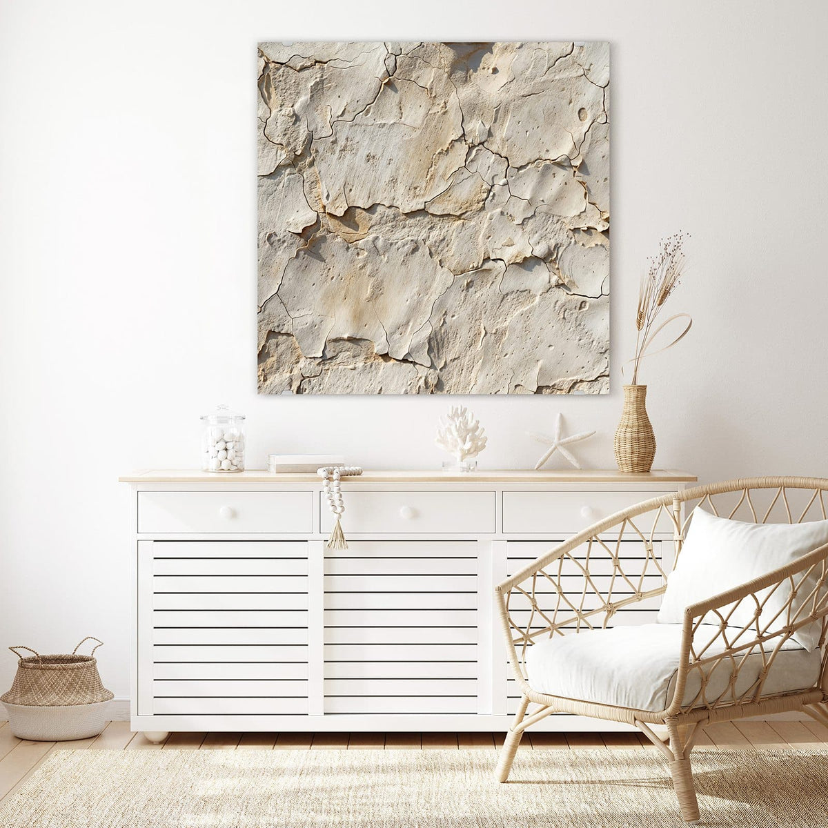 Echtglas, 4 mm – kein Acryl, keine Folie – Wandbild - Beiger Putz mit Rissen - Quadratisch