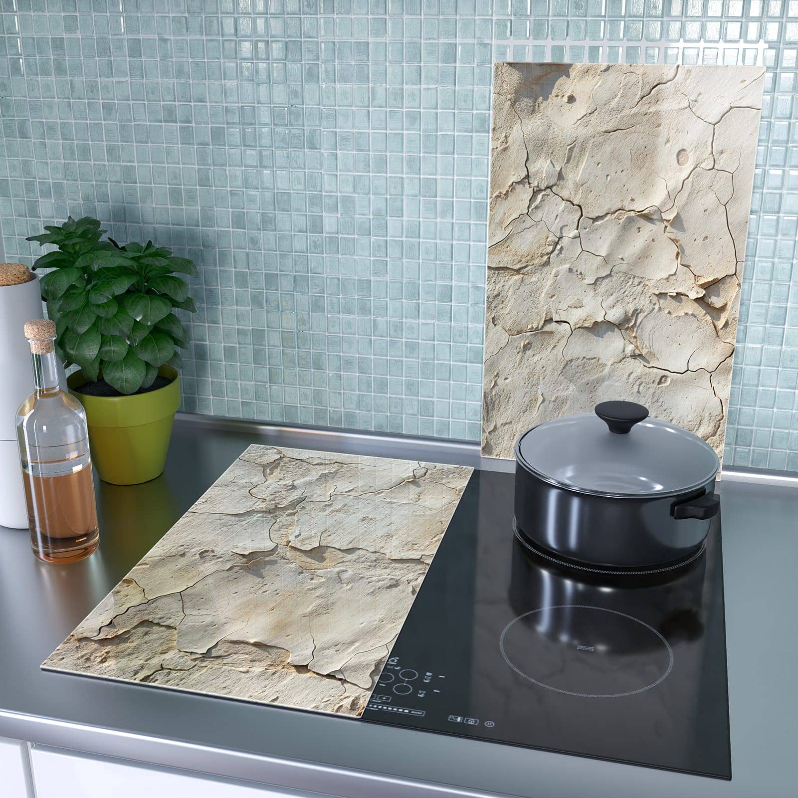 2-teilige Herdabdeckplatte mit Abgeplatzte Farbe-Motiv als Spritzschutz hinter dem Kochfeld