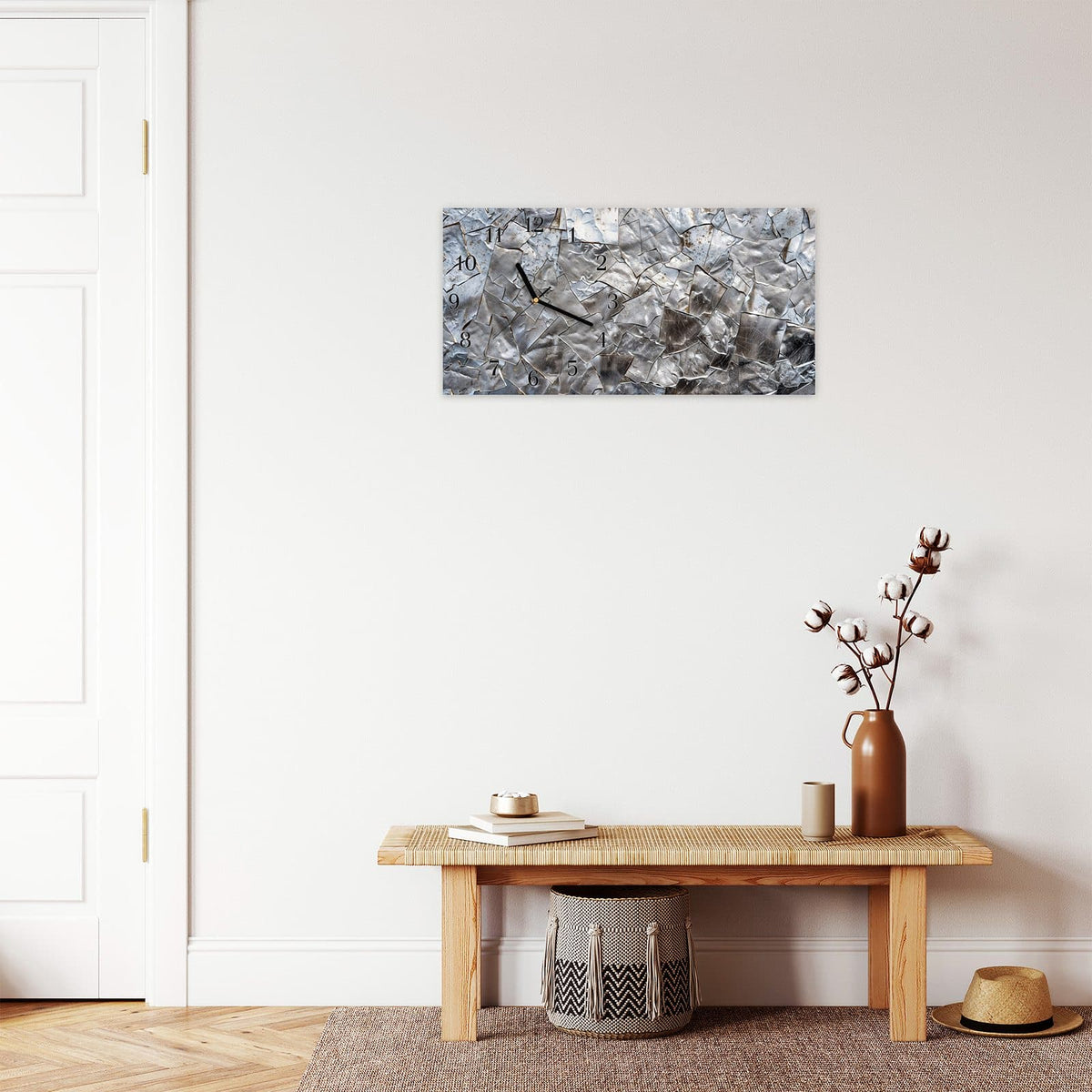 Moderne Wanduhr aus Glas mit Farbtiefe – Wanduhr Metallisches Mosaik aus Glas – Querformat 60 × 30 cm