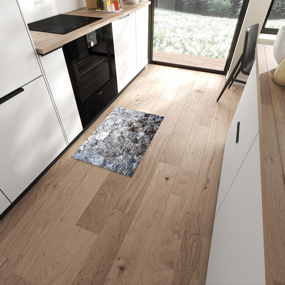 Bodenschonender rutschfester Läufer mit Motiv Metallisches Mosaik in moderner Küche