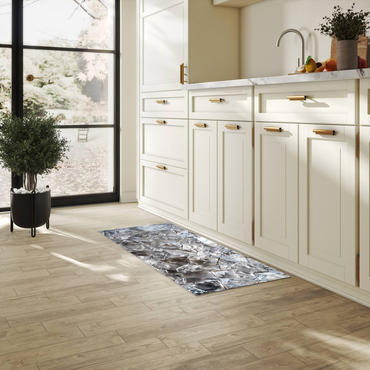 Küchenteppich mit Motiv Metallisches Mosaik für Trittkomfort in heller Küche