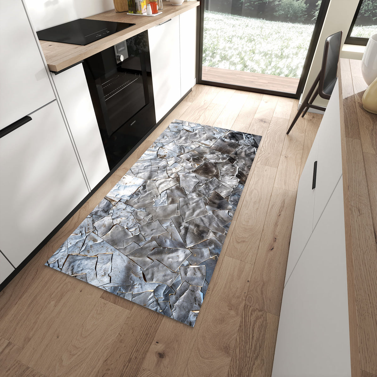 Geräuschdämpfender Teppich für Esstisch mit Motiv Metallisches Mosaik in moderner Küche
