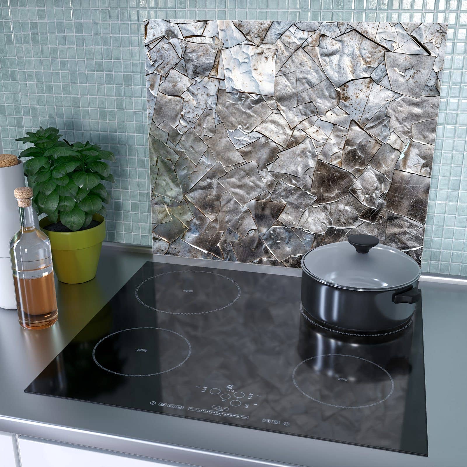 1-teilige Herdabdeckplatte mit Metallisches Mosaik-Motiv als Spritzschutz hinter dem Kochfeld