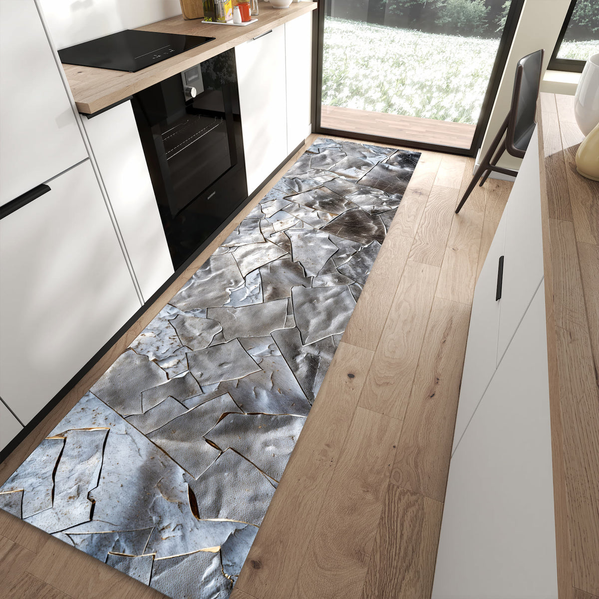 Waschbarer Teppich fürs Esszimmer mit Motiv Metallisches Mosaik in moderner Küche