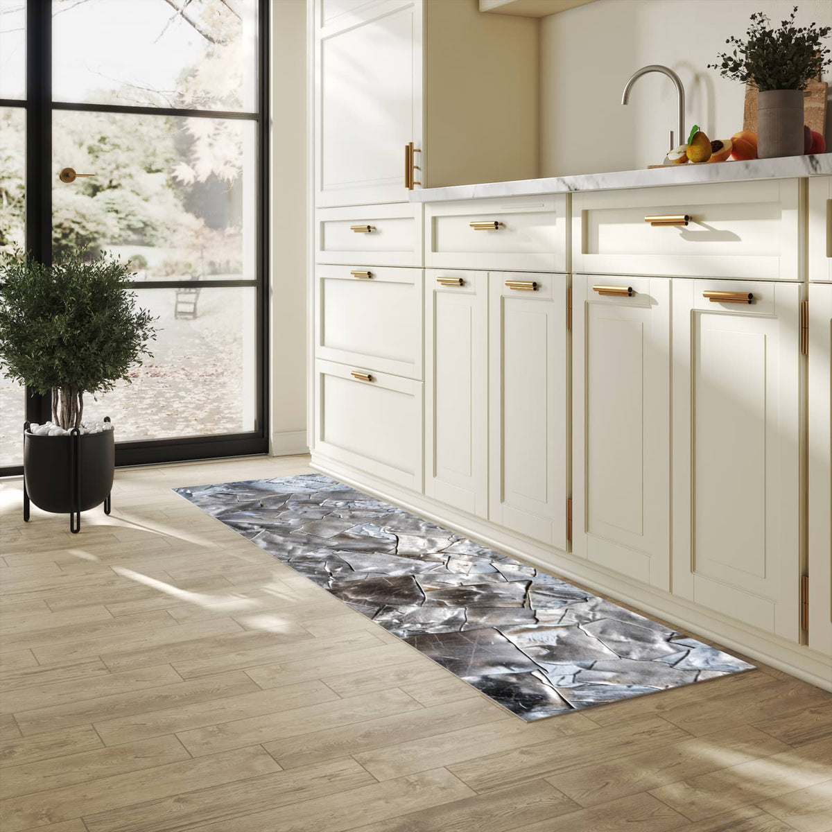 Fleckenresistenter waschbarer Teppich Küche mit Motiv Metallisches Mosaik in heller Küche