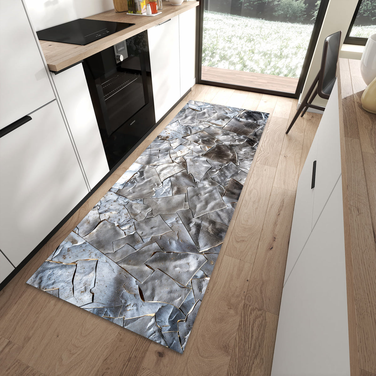 Abriebfester rutschfester Küchenteppich mit Motiv Metallisches Mosaik in moderner Küche