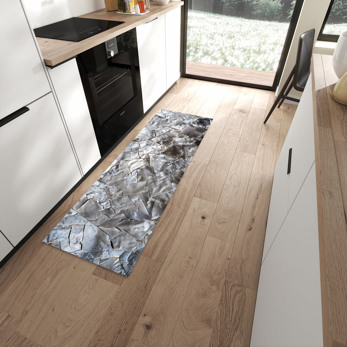 Rutschfester waschbarer Küchenläufer mit Motiv Metallisches Mosaik in moderner Küche