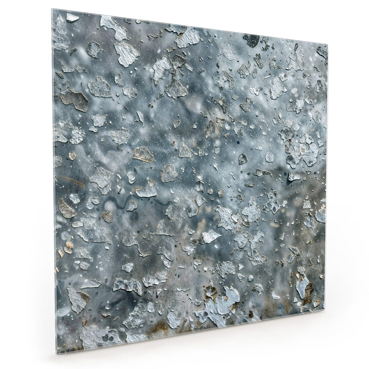Küchenrückwand aus Glas im quadratischen Format: Graublaue Wand mit abgeplatzten Farbschollen, nur vereinzelt rostbraune Pünktchen #grösse_50 x 50 cm #grösse_60 x 60 cm #grösse_40 x 40 cm