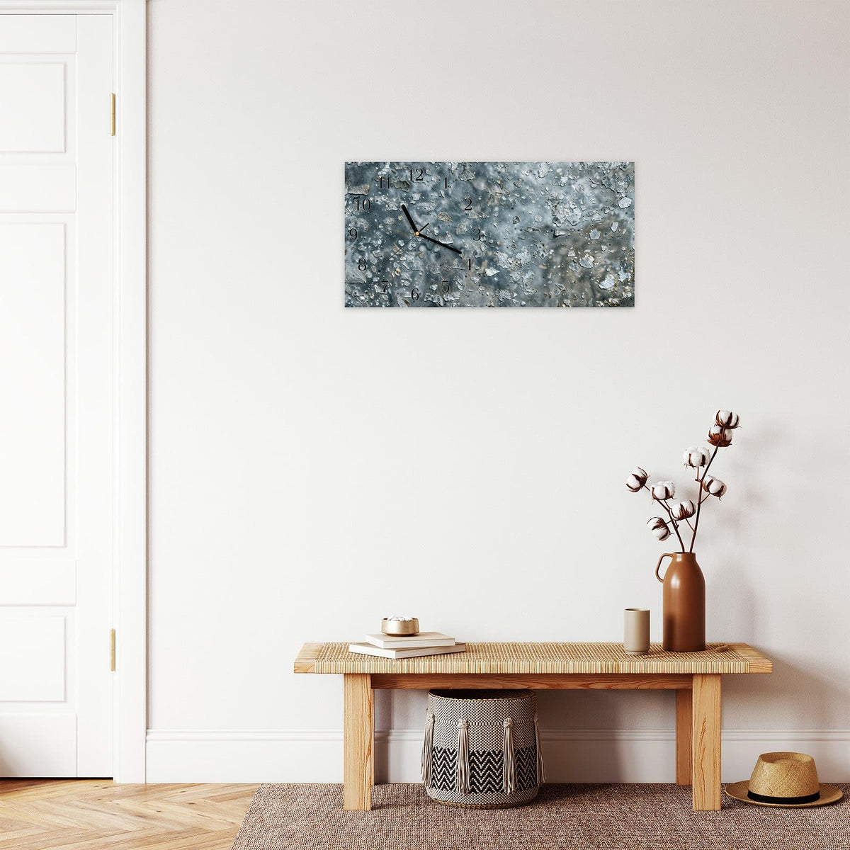 Moderne Wanduhr aus Glas mit Farbtiefe – Wanduhr Abblätternde Farbe Detail aus Glas – Querformat 60 × 30 cm